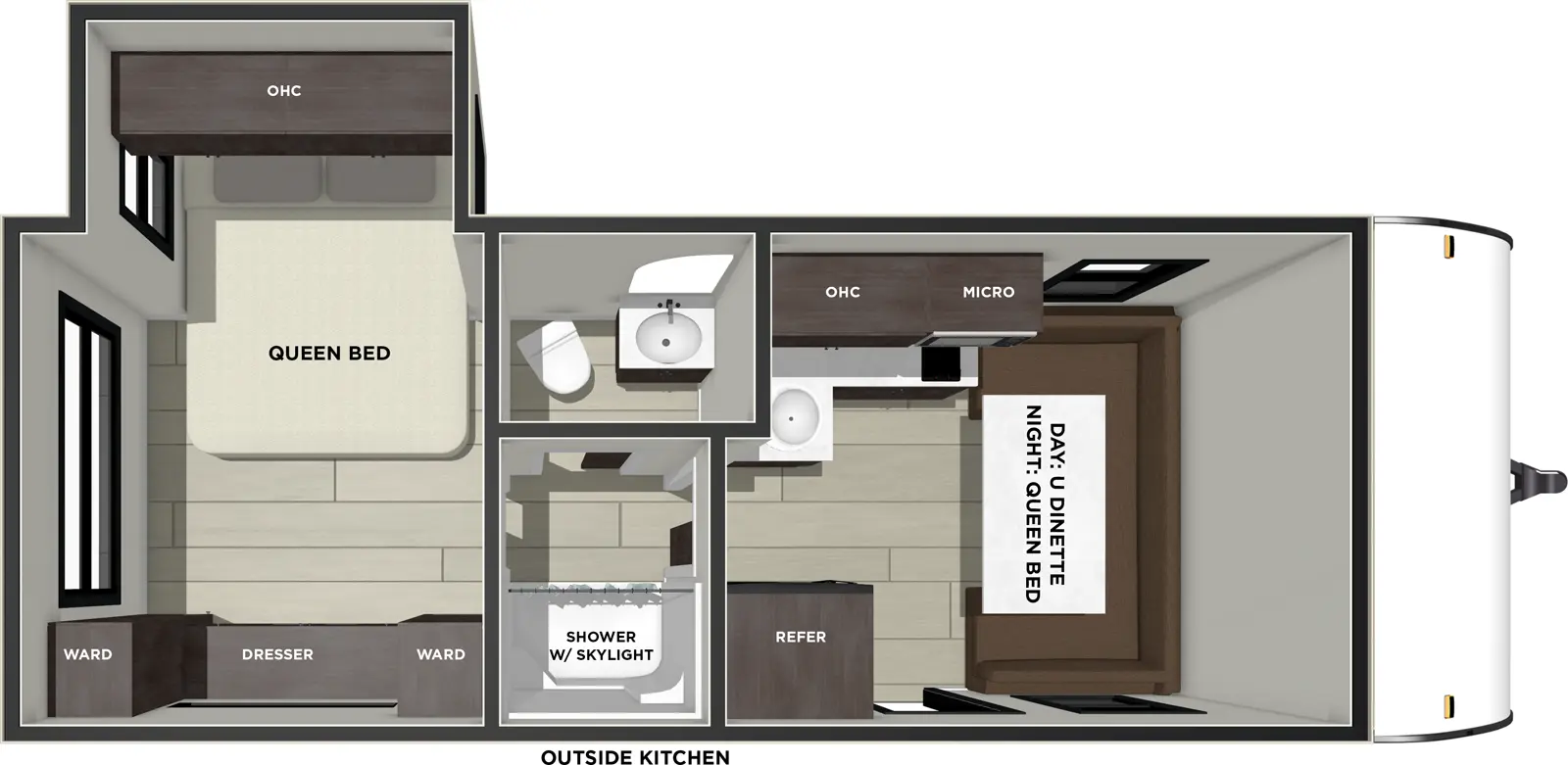The Wildwood FSX 169RSK floorplan has one entry and one slide out. Exterior features include: fiberglass exterior, 15' awning and outside kitchen. Interiors features include: u-dinette, rear bedroom and front living.